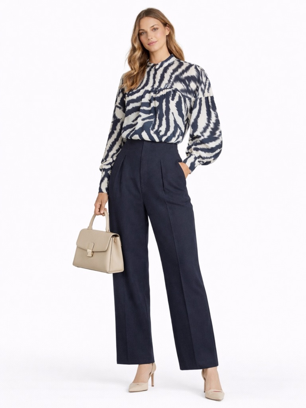 Ted Baker White and Blue Boxy Blouse with Mandarin Collar